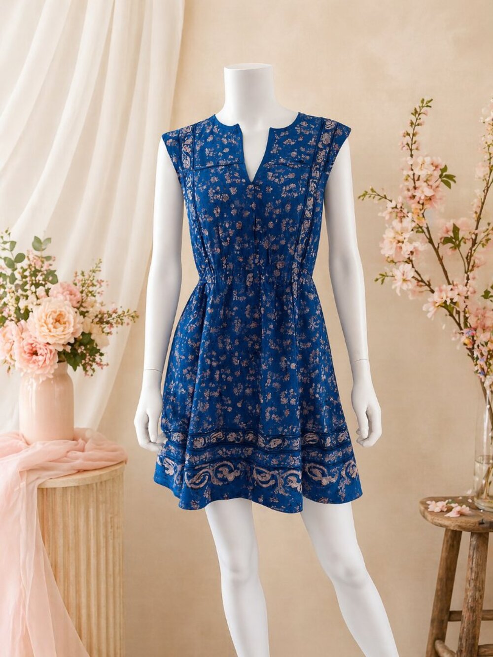J.Crew 100% Silk Floral Mini Dress Sz 4 Blue Boho Sleeveless Lined